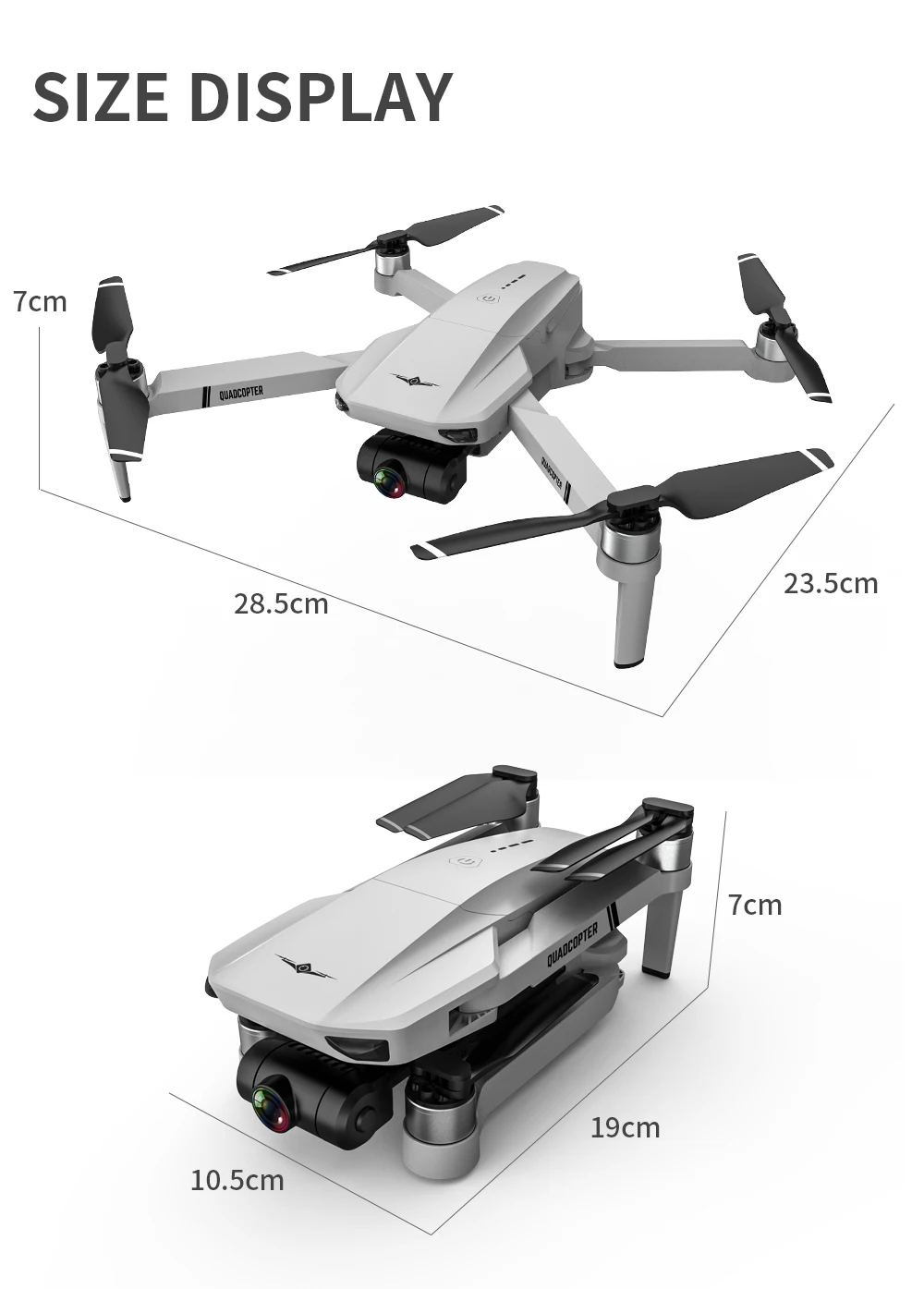 KF102 MAX Drone, SIZE DISPLAY 7cm 23.Scm 28.5cm 7