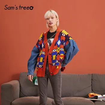

SAM'S TREE Multicolor Printed Casual Knitted Cardigans Sweater Women 2019 Winter Single Breast Drop Shoulder Sleeve Female Tops