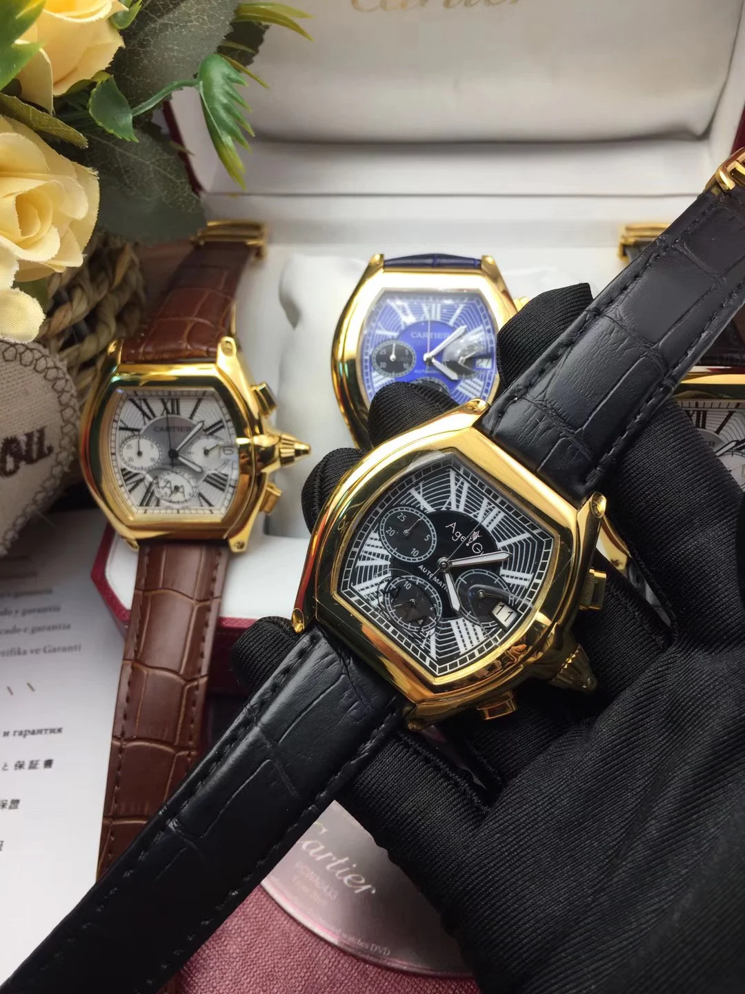 Gold Black Роскошные брендовые новые мужские кварцевые часы с хронографом и сапфиром из нержавеющей стали, светящиеся часы с секундомером из розового золота и черной кожи AAA - Цвет: Gold Black