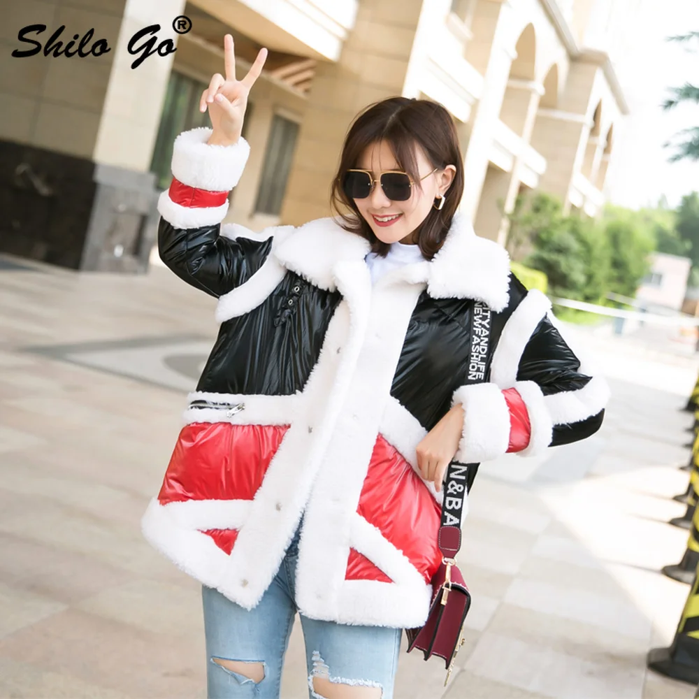Double Faced Fur Jacket Highstreet Turn Down Collar Color Block Cut-and-Sew Lamb Fur Dwon Coat Women Winter Casual Loose Outwear