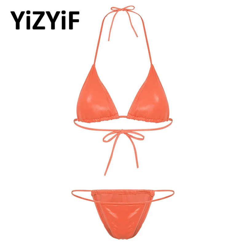 2020 Bikinis Women Wet Look Swimsuit Swimwear Bathing Suit Set Halter Neck Tie-on Padded Triangle Bra Top with bikini Bottom | Женская