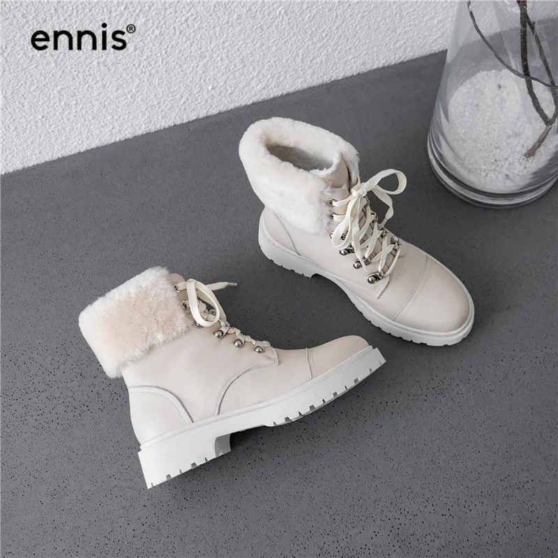 ENNIS/женские зимние ботинки; ботильоны martin на платформе; женские зимние ботинки из натуральной кожи на овечьем меху со шнуровкой; Теплая обувь черного цвета; A9337