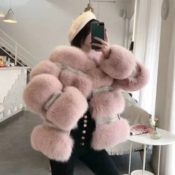 Günstig Winter Warm Echte Fuchs Pelzmantel Frauen Langarm Mode Striped Genuine Fuchs Pelz Mäntel Oansatz Dicken Shinny Warme Echt Pelz Jacke