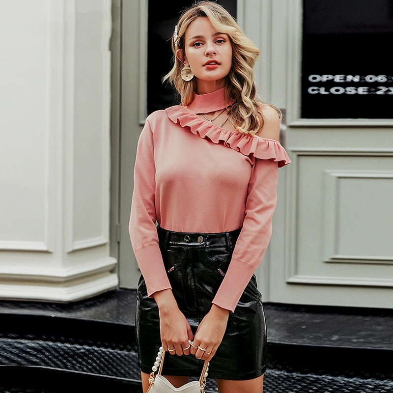 

Sexy halter knitted sweater women jumper winter Hollow out ruffled lady sweater Long sleeve female jumper pull femme