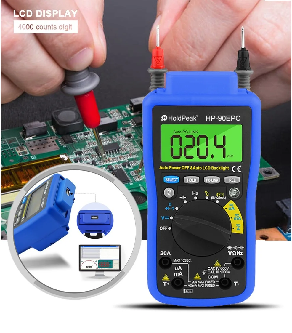 Цифровой мультиметр с автоматическим диапазоном HoldPeak HP 90EPC Multimetro USB подключением