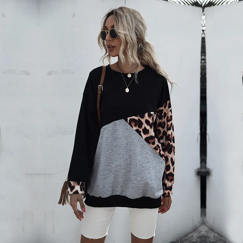 

2020 New Autumn Winter Leopard Sweatshirt Women O-neck Full Sleeve Pullovers Top Patchwork Sweatshirt For Women