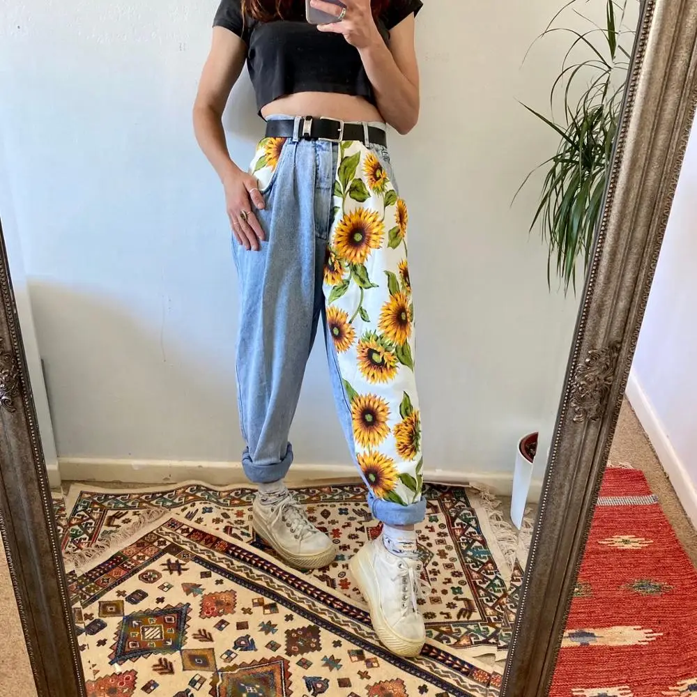 Sunflowers Printed Light Blue Jeans fit 