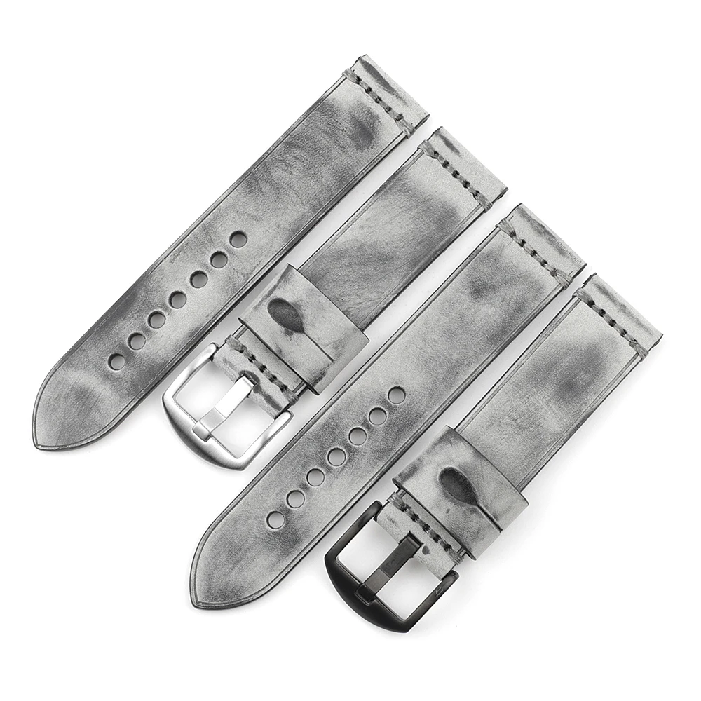 22mm Vintage Matte Polished Leather Watch Strap Handmade Stitching Grey Special Brushed Watchband for Replacement Belt