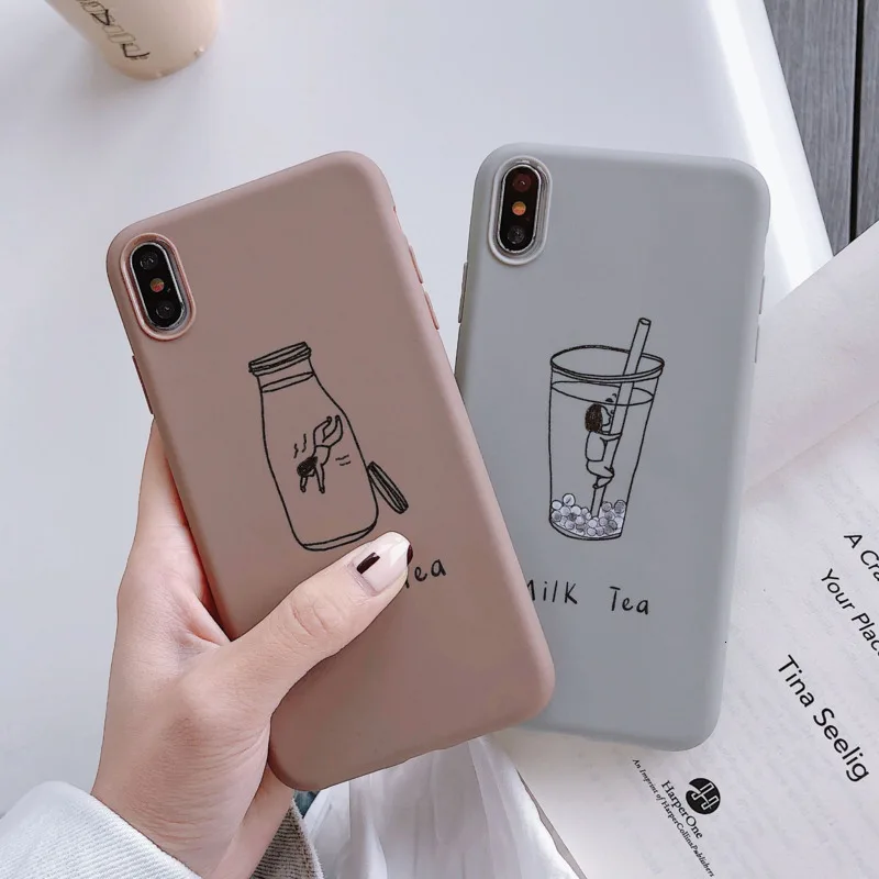 

Simple Creative Milk Tea Drink Phone Cases For iPhone X XS Max XR 8 7 6 6S Plus Full Cover Silicone Soft Shell Protection Coque