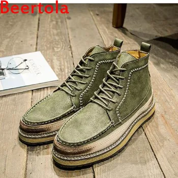 

Newest Men Boots Lace-Up Botas Black Retro Green Booties Men Designers Round Toe Chaussures Homme Mid Heels Martin Men's Shoes
