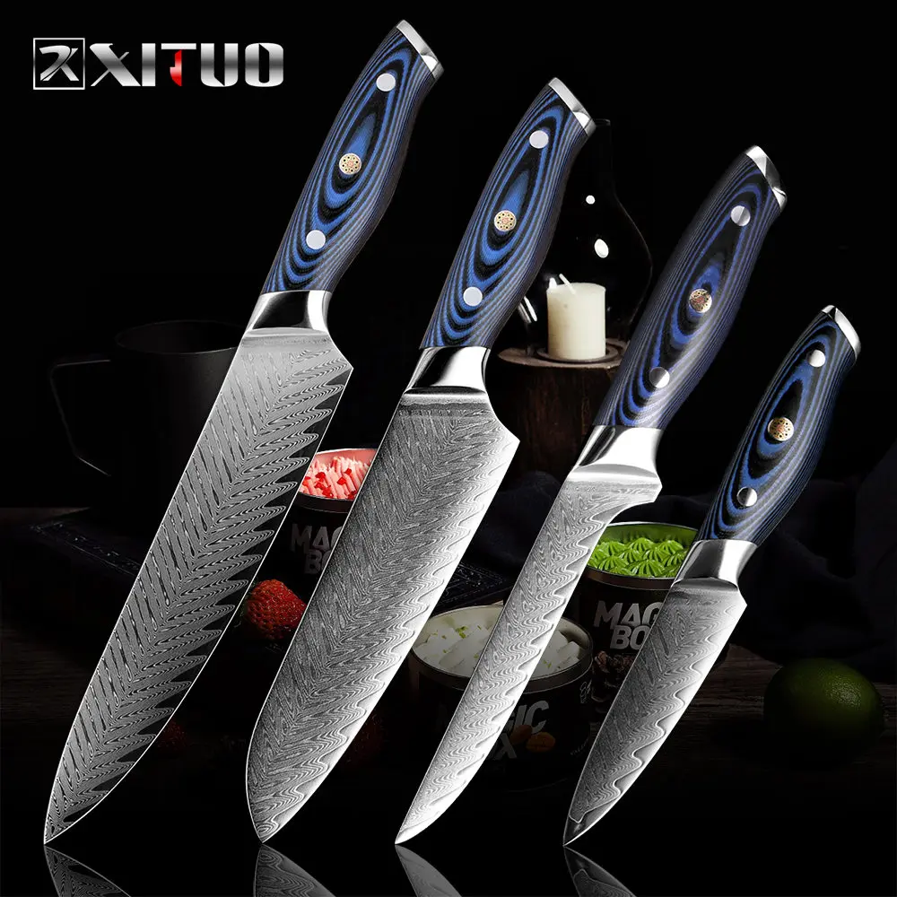 4 PCS Set XITUO кухонный поварской нож дамасская сталь профессиональный Япония Sankotu Кливер Boning Gyuto кухонные инструменты деликатная Слива заклепочная рукоять - Цвет: 4 PCS Set