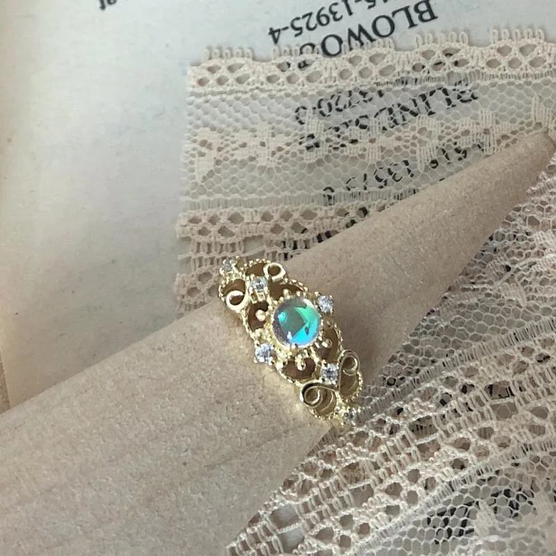 LAMOON 925 пробы серебряный с лунным камнем винтажное кружевное кольцо принцессы 14 к позолоченное регулируемое ювелирное изделие для женщин подарок LMRI079