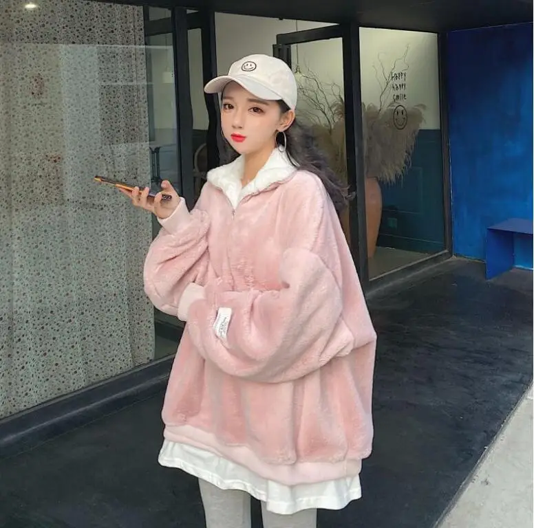 Осень и зима корейский стиль Harajuku Свободный пуловер со стоячим воротником поддельные из двух частей толстовка женская