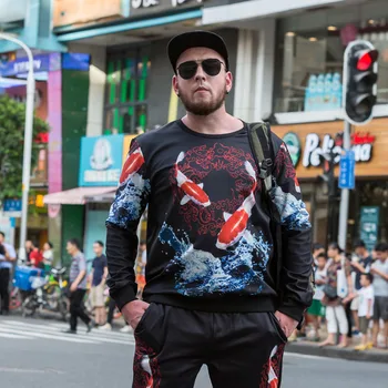 

New carp print round neck long sleeve Sweatshirt fat plus size velvet men's