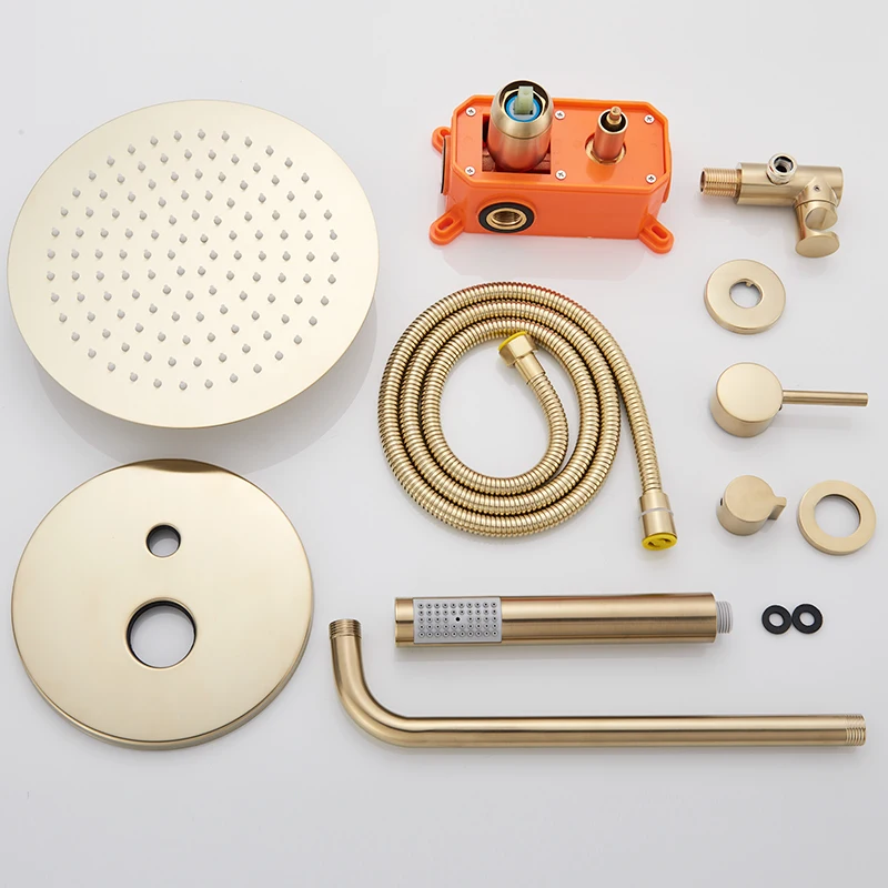 Quyanre Luxury Brushed Gold Shower Faucet Set Wall Mount 10 Rainfall Shower Tap With Embedded Box Mixer Tap Bathtub Shower Kit
