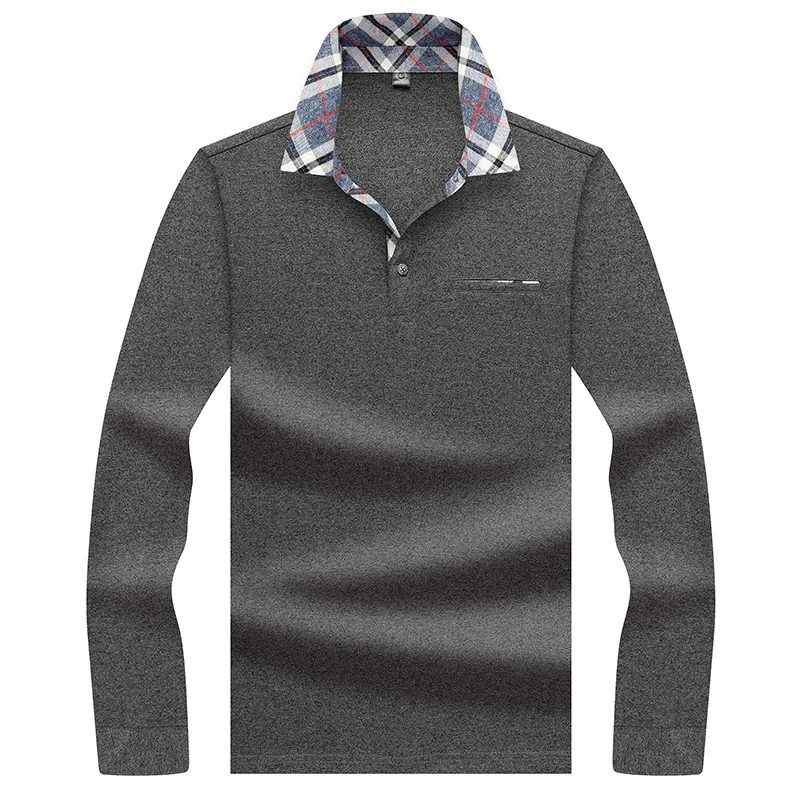 Весна, роскошная Высококачественная хлопковая рубашка поло в клетку с отворотом, одноцветная рубашка поло с длинным рукавом, мужская деловая Повседневная рубашка поло - Цвет: gray