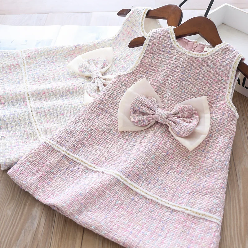 Sweet Kids Girls Spring Autumn Crochet Bow Dress Straight Ruffles Candy Pink Beige Color Party | Детская одежда и обувь