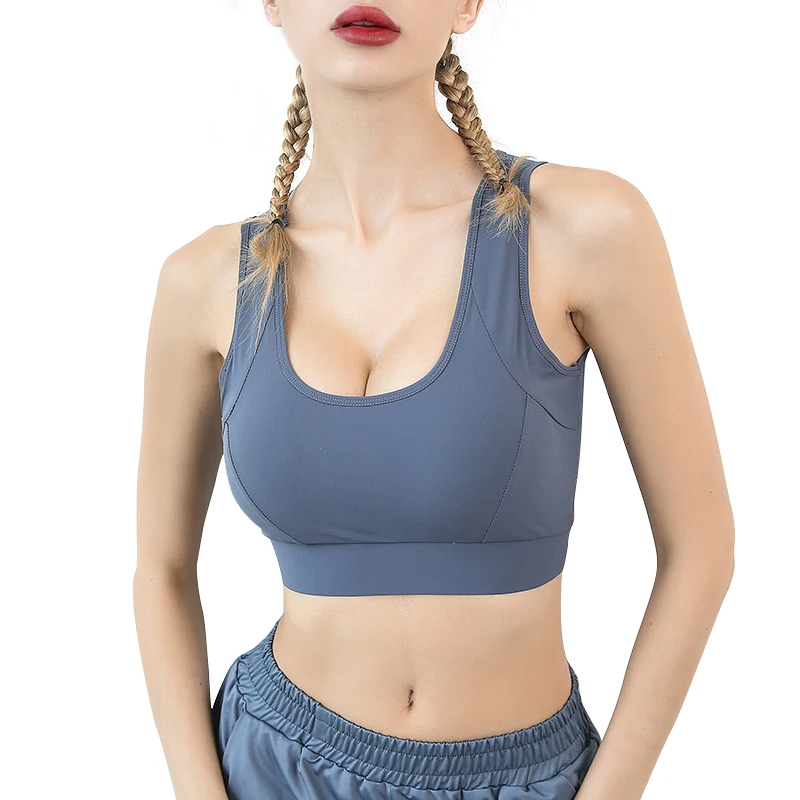

Breathable Back Mesh Sport Bra Push Up Top Fitness With Solid Wide Shoulder Straps For High Impact Shockproof Active Brassiere