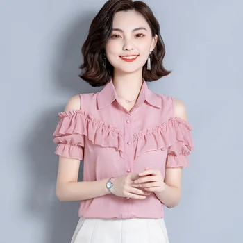

COIGARSAM Fashion Short Sleeve blouse women New Summer Chiffon High Waist blusas womens tops and blouses White Pink Green 2029