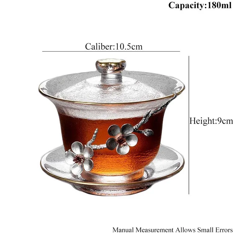 Утолщенный термостойкий прозрачный стеклянный Gaiwan креативный оловянный цветок сливы украшение китайская чайная чаша мастер чайная посуда
