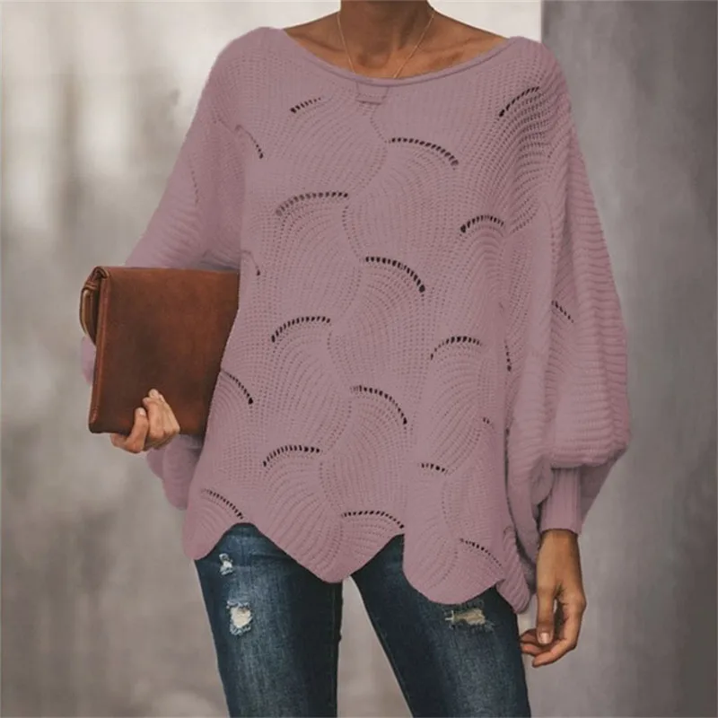 Новинка осень зима женский свободный свитер Повседневный длинный фонарь рукав выдалбливают Пуловеры Топы плюс размер 5xl одежда - Цвет: JK01Light purple