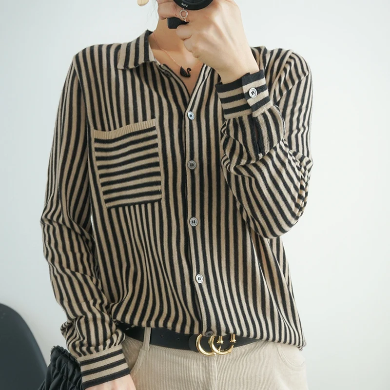 여성 캐시미어 스트라이프 셔츠 앞뒤 짧은 니트 가디건, 숙녀 셔츠 스웨터 가디건, 여성 의류 상의