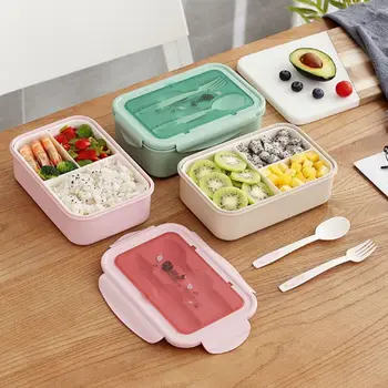 

3 Grids Portable Rectangular Lunch Box with Tableware Durable Bento Case Container Storage Fat-reduced Breakfast School Office