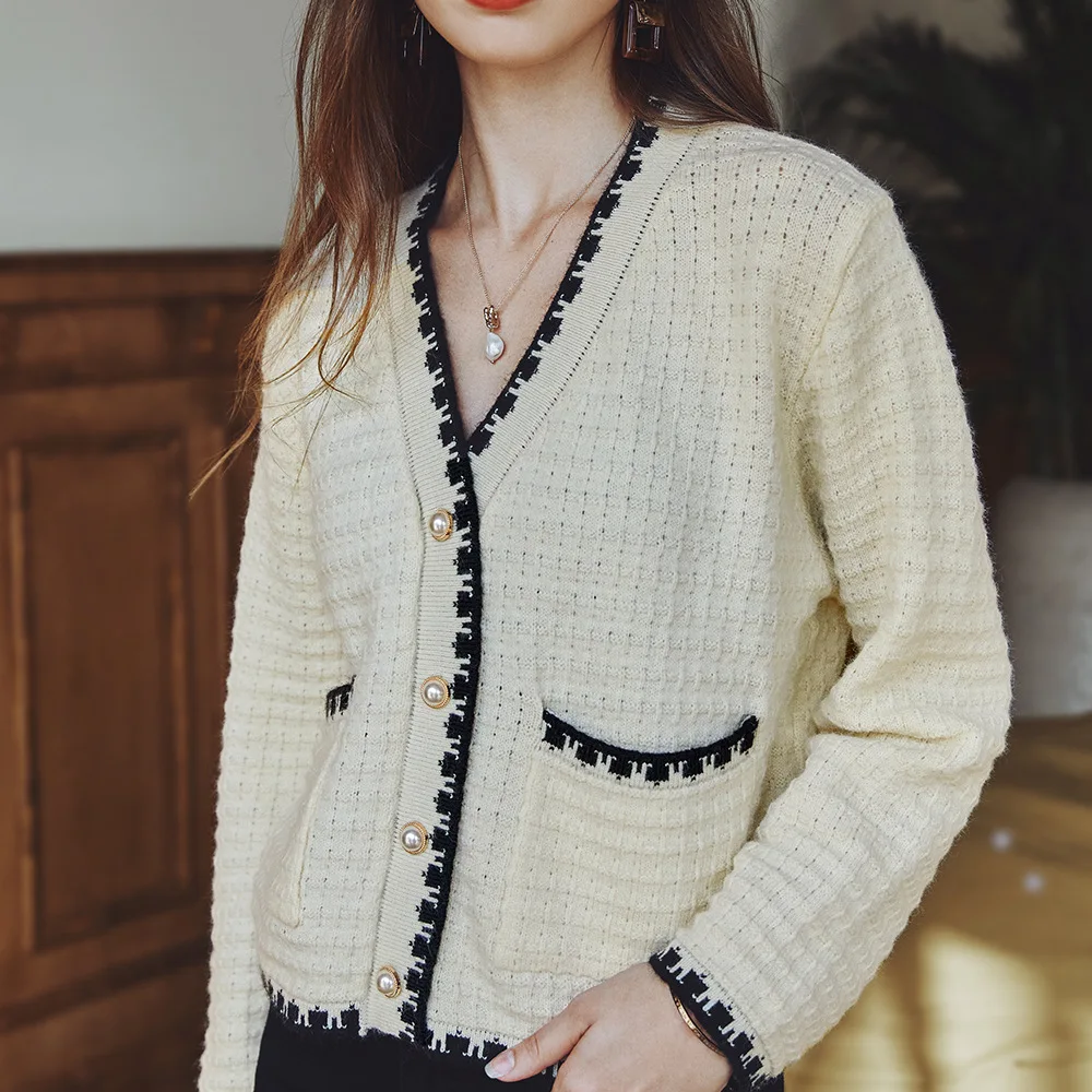 

2020 Spring and Autumn Classic Fragrance Short Jacket Fashion Stitching Knitting Cardigan Retro Korean Office Ladies Jacket Coat