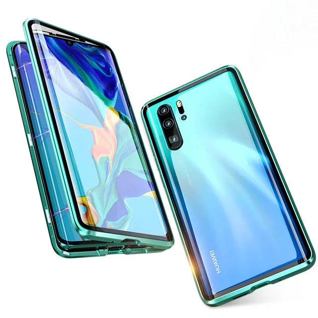 360 полный защитный чехол для huawei P30 P20 mate 20 Pro Алюминиевый металлический магнитный бампер двойные боковые стеклянные крышки - Цвет: Full Green