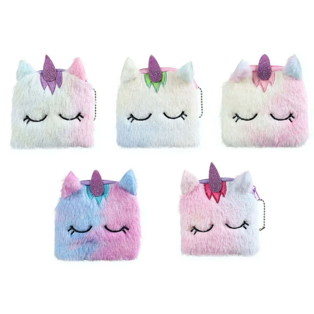 Мультяшный Плюшевый единорог кошелек для монет милый кот с мехом девочек вышитая