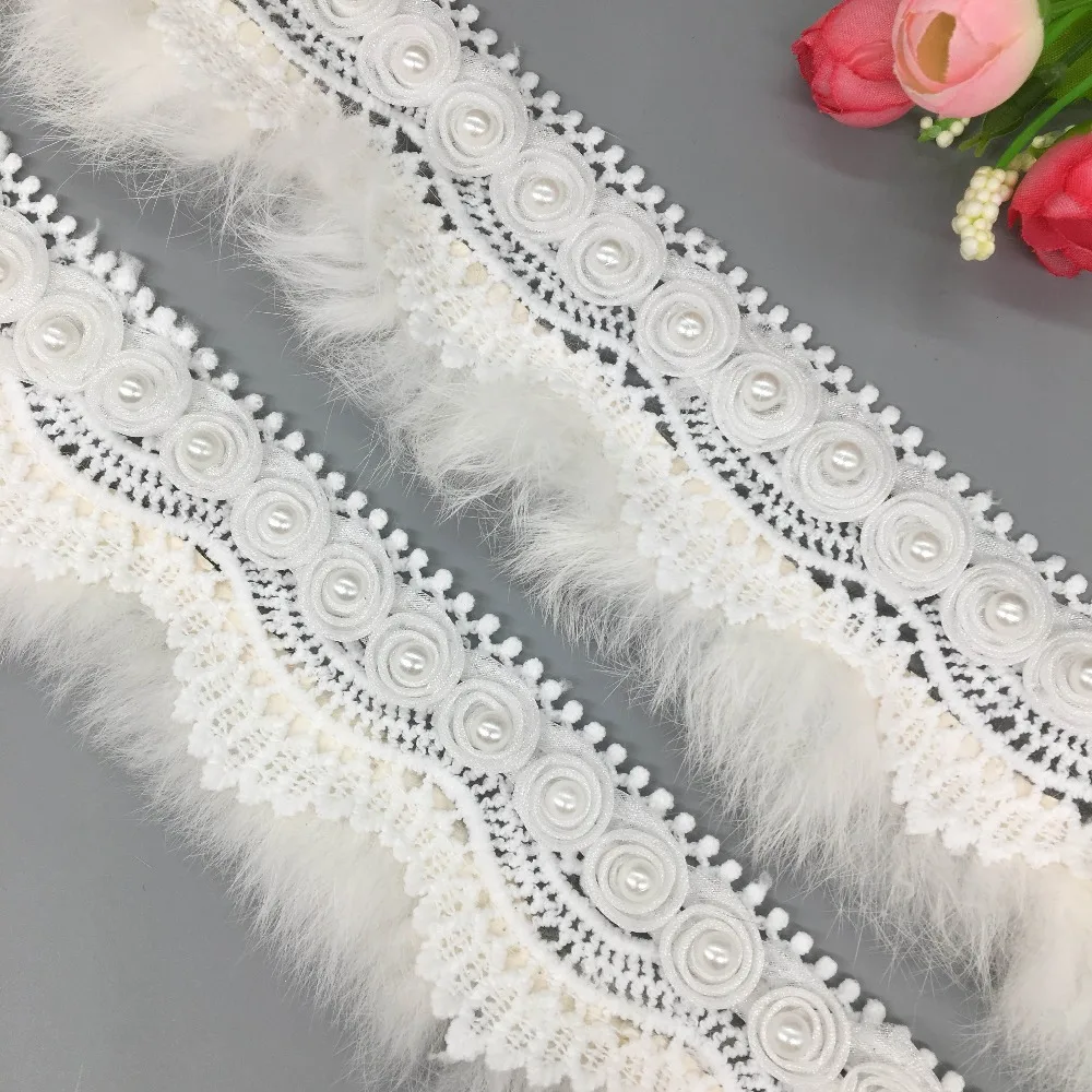 1 ярд белый искусственный мех Pom 3D цветок лист кружева край отделка ленты ткань вышитая аппликация шитье ремесло свадебное платье одежда