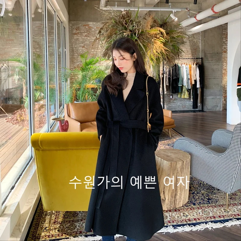 Autumn winter new water ripple wool coat female double-sided hand-stitched wool coat red jacket plus long loose type one size