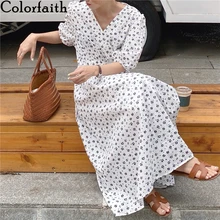 Colorfaith nowy 2021 kobiety letnie sukienki dekolt zasznurować kwiatowy wydrukowano Vintage wysoka talia elegancka koreańska pani długa sukienka DR9060