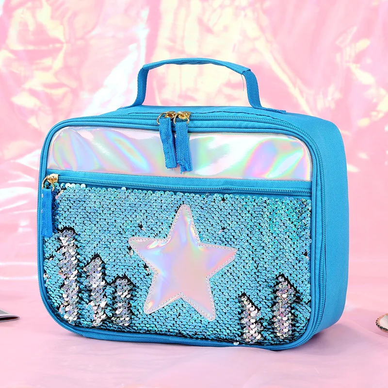 Дропшиппинг Kawaii детский ланч-мешок портативный обратный блёстки алюминиевая фольга изоляция ланч-тоут школьная сумка-холодильник для пикника - Цвет: Небесно-голубой