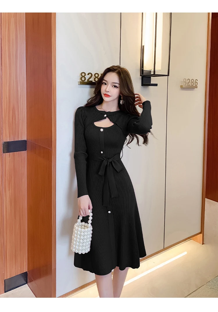 2020 single breasted lace autumn dress Elegant Korean version of women's knitted dress simple stretch work office