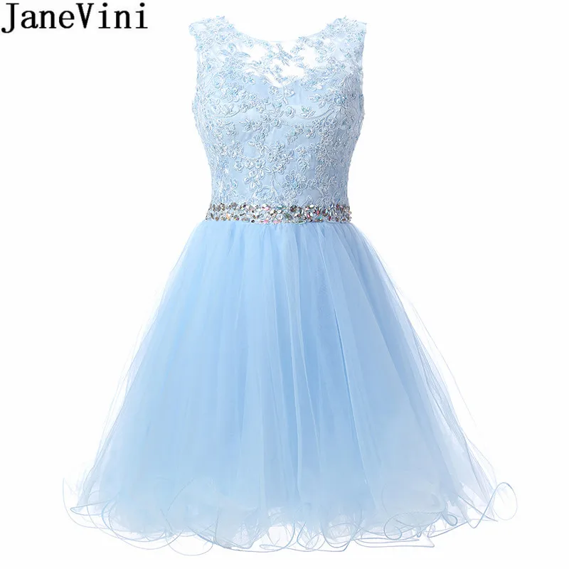 

JaneVini Sky Blue Lace Homecoming Dresses Crystals Short Tulle Bleu A Line Keyhole Back Mint Women Special Occasion Dress Gowns