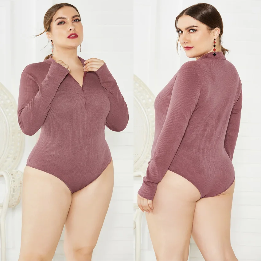 Jessie Vinson Long Sleeve Crew Neck Zipper Knitted Bodysuit Jumpsuit Women Plus Size Rib Bodysuit Autumn Winter Skinny Rompers leather bodysuit