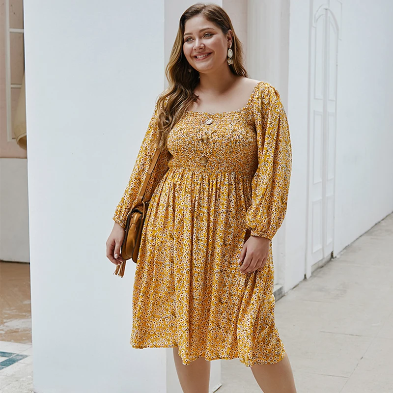 Women's Summer Dress Lantern Sleeve Floral Print Knee Length Square Collar Plus Size Ladies Sundress High Waist Button Loose | Женская