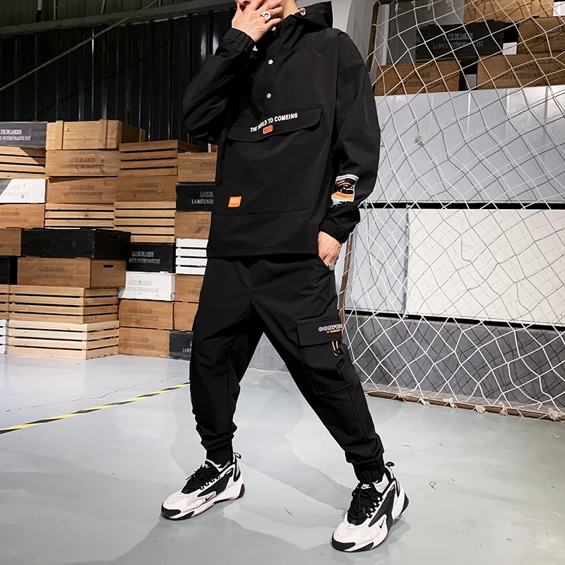Men's Hooded Jacket+Pants 2PC Sets mal Workwear tide card loose Pullover front pocket coat& Long Pants mal Clothing 4XL Men's Hooded Jacket+Pants 2PC Sets mal Workwear tide card loose Pullover front pocket coat& Long Pants mal Clothing 4XL