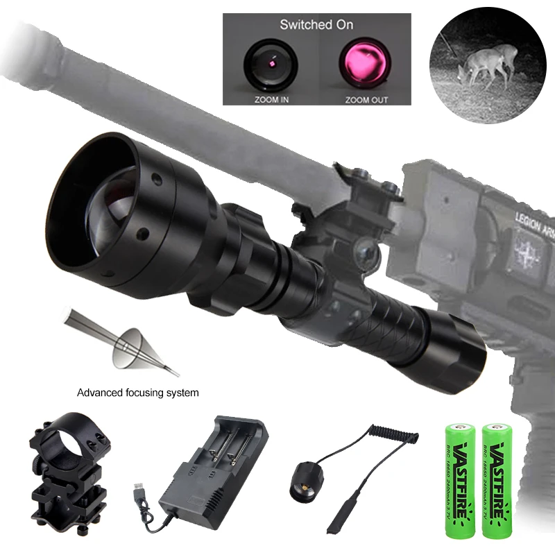 Linterna infrarroja de largo alcance para caza, linterna de caza de 850nm/940nm, de Rifle de 25 MM, interruptor de presión remoto, 2 baterías de piezas cargador USB|flashlight hunting|mount huntingflashlight long