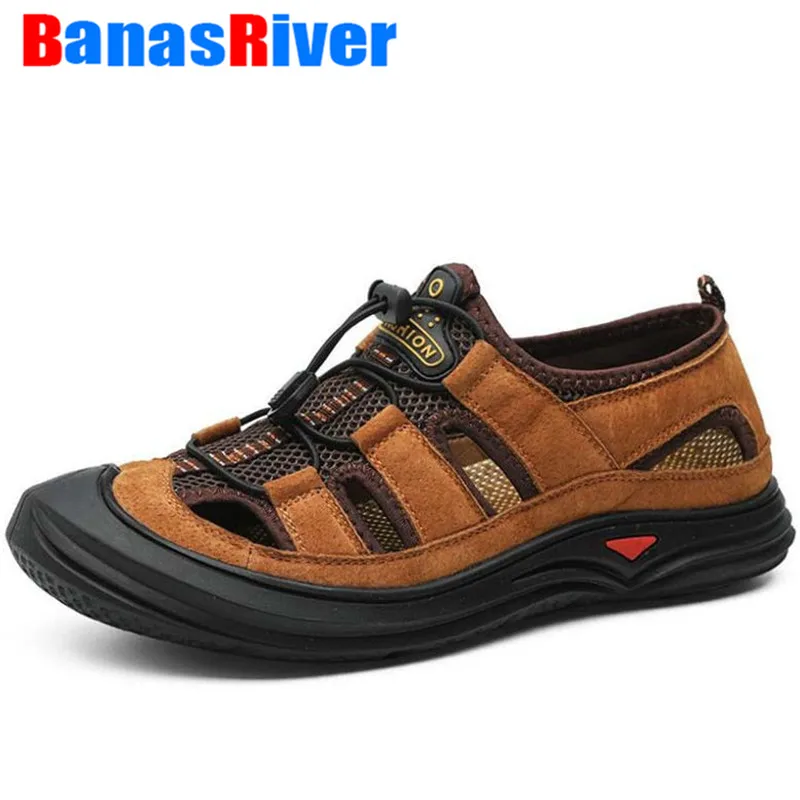 Новинка; мужские кожаные и сетчатые уличные сандалии; летняя дышащая повседневная обувь; нескользящая обувь; прогулочные пляжные кроссовки; botas hombre