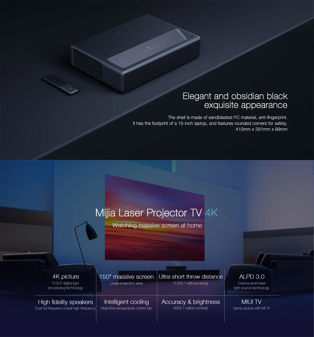 Xiaomi Mijia 4K Laser Projector 3840 x 2160 150 inch 5000 lumens TV Home Theater 2GB RAM 16GB ROM ALPD 3.0 Android 6.0 3D