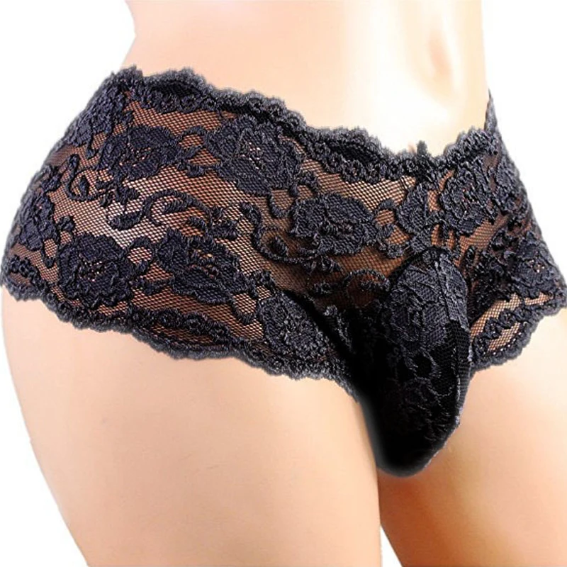 Erotic Solid Color Underwear Mid-Waist Briefs Sexy Men'S Lace Panties Male Transparent Breathable Soft Comfortable Underpants