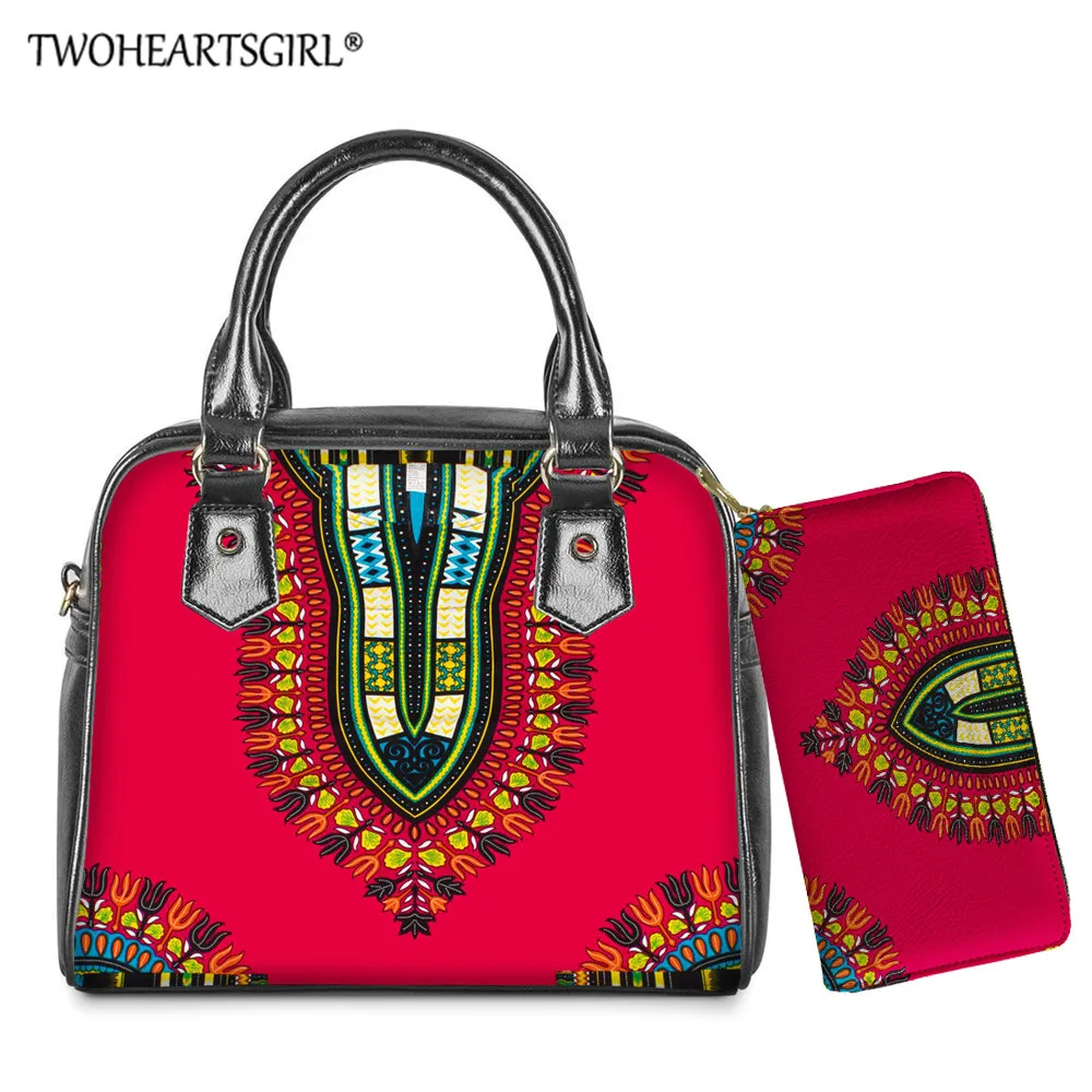 

Twoheartsgirl African Traditional Design Women PU Leather Shoulder Bag with Long Wallet Ladies Casual Daily Handbag 2pcs