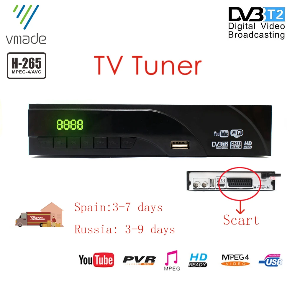 DVB T2 спутниковый цифровой ТВ приемник Поддержка H.265/HEVC TV SCART Youtube Европа Испания