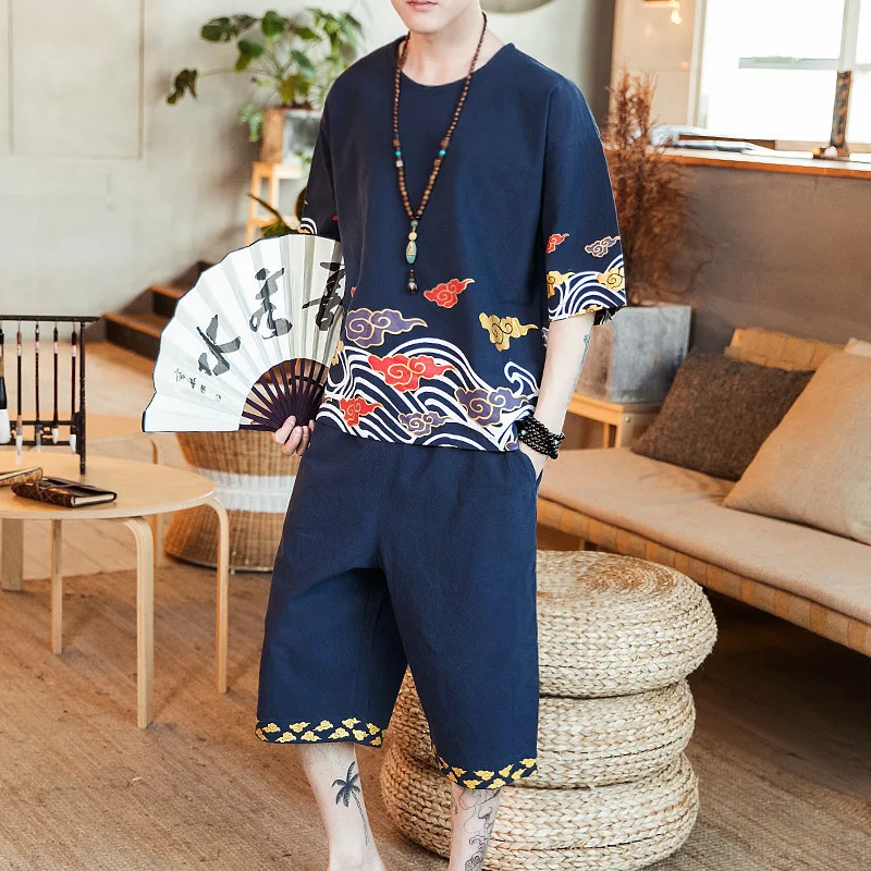 

2019 Summer Wear New Style Origional Design Colorful Clouds Printed Cotton Linen T-shirt Capri Pants Loose Thin Set