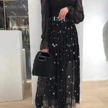 Женская сетчатая юбка миди с вышивкой в виде звезд, милая длинная юбка, новая стильная женская одежда