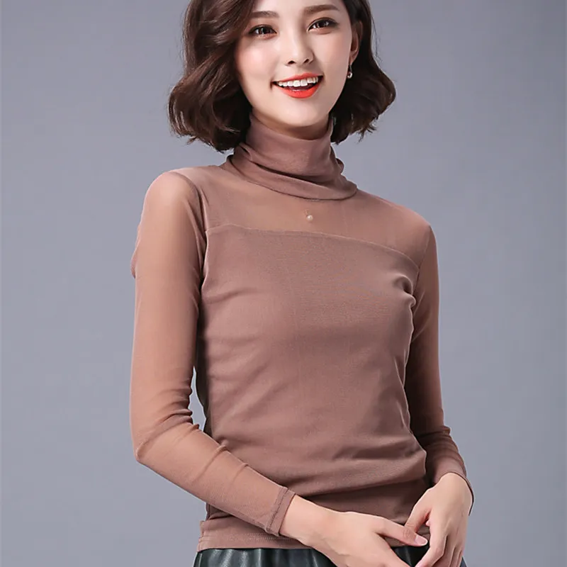 

Korean Women Blouses Woman Turtleneck Mesh Blouse Tops Ladies Solid Lace Blouses Shirt Women Long Sleeve Blouses Top Plus Size