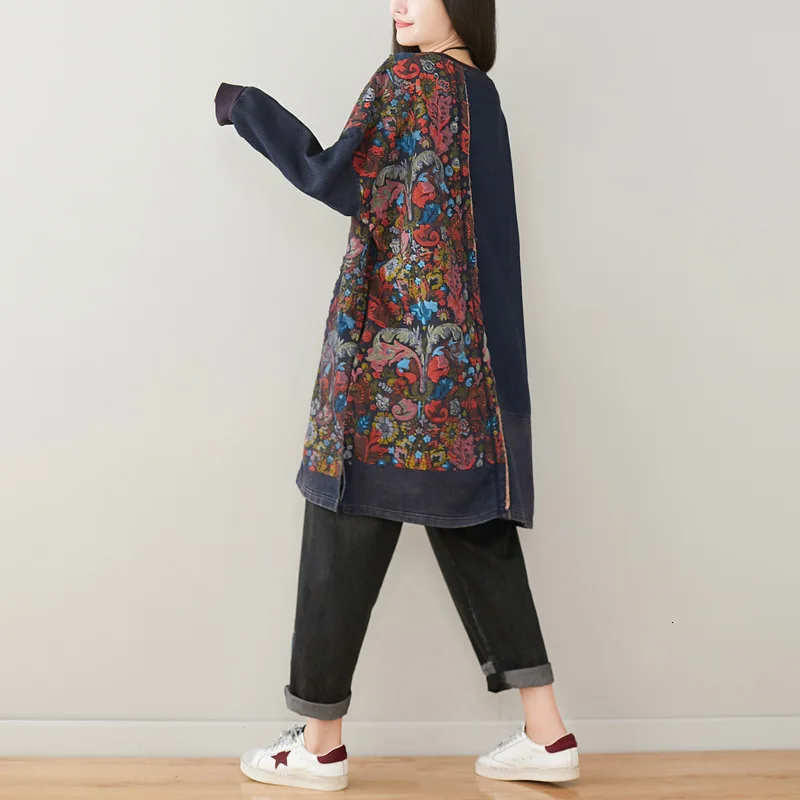 Oversize Patchwork Sweatshirt Bat Sleeve Knitted cowboy Robe O Neck Vintage Baggy Pullovers Extra Loose Cotton Plus Size Tops