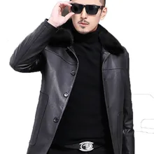 Мужской пуховик из натуральной кожи с подкладкой из натурального кроличьего меха, зимняя мужская куртка с воротником из меха норки, куртка из коровьей кожи L170928MY1587